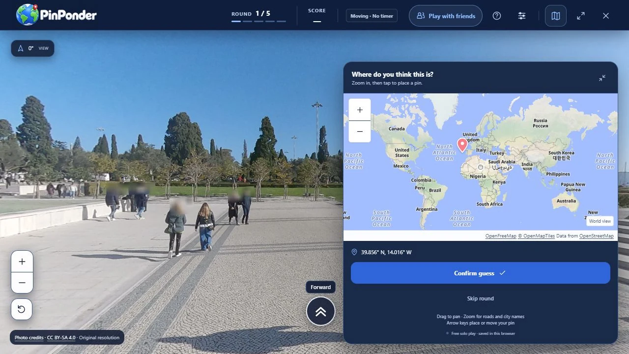 Placing a guess in solo PinPonder: the guess map with a pin dropped on it, the coordinates and zoom controls, and the Confirm guess action below the map.